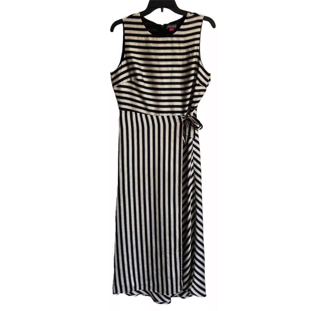 Vince Camuto Faux Wrap Dress Satin Striped Sleeveless Midi Flowy